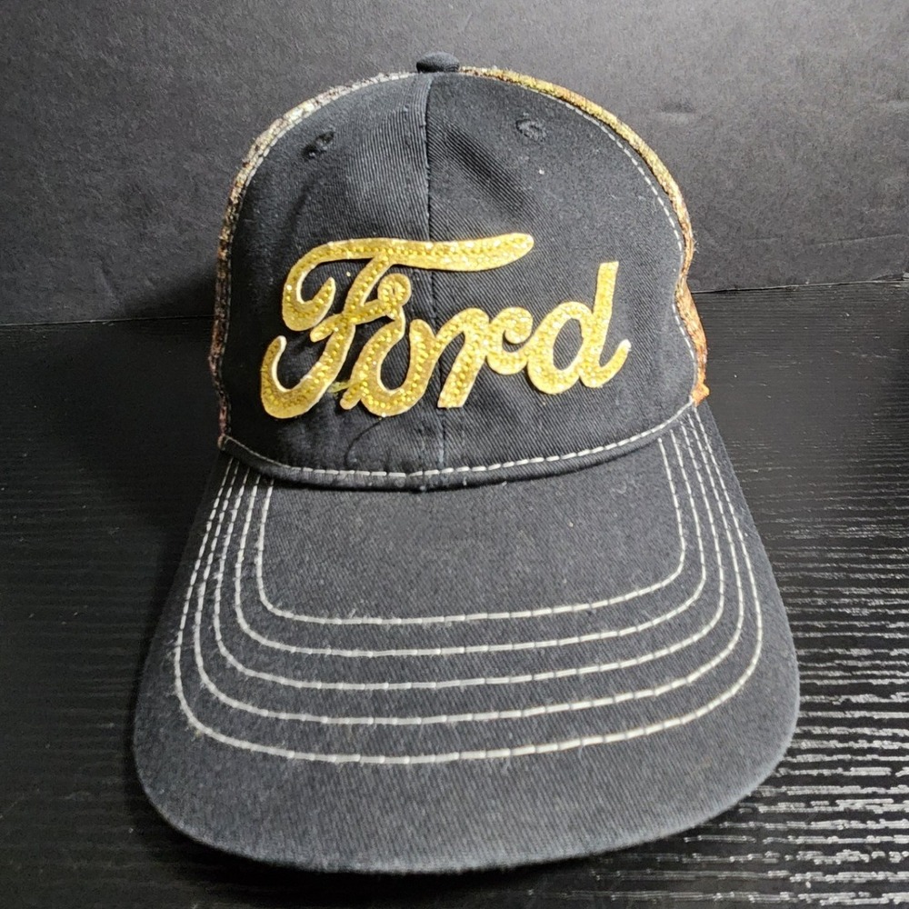 Ford‎ Trucker Hat Gold Sparkle Black Camo Mesh Cap Strapback